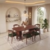 Brava Solid Wood 6 Seater Dining Table with 6 Zen Solid Wood Dining Armchair in (Finish: Honey, Colour: Olive Leatherette)