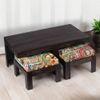Irish Sheesham Wood Coffee Table With 2 Stools Set In Mahogany Finish & Multi Colour Israel Print Kantha Fabric Cushions