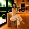 Doe Buck Tufted Counter Height Bar Stool in Beige Colour with Gold Footrest