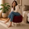 Doe Buck Parker Velvet Round Ottoman Stool in Maroon Colour with Wooden Legs