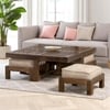 Palladio Sheesham Wood Accent Coffee Table Set With 4 Stools In Provincial Teak Finish With Beige Velvet Cushions