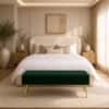 Doe Buck Upholstered Bench in Green Colour with Channel Stitching and Gold Legs