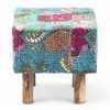 Verona Solid Wood Pouf Stool in Floral Print Green Kantha Fabric