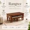 Rangrez Sheesham Wood Nesting Coffee Table in Honey Oak Finish with Cushioned Stools by Mudramark