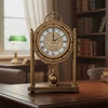 Vintage Mantel Clock Gold Metal Finish Roman Numerals Exposed Gears and Pendulum