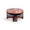 Nashville Sheesham Wood 4 Seater Coffee Table Set In Teak Finish Bird Print Grey Kantha Cushion