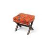 Rosslyn Solid Wood Pouf Stool in Bird Print Orange Ethnic Kantha fabric