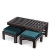 Irish Sheesham Wood Coffee Table With 2 Stools Set In Mahogany Finish & Turquoise Sea Velvet Fabric Cushions