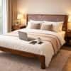 Luxe Solid Wood Queen  Size Upholstered Bed Without Storage (Provincial Teak Finish, Brown Colour)