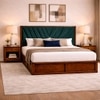 Vedanch Solid Wood Queen Size Upholstered Bed With Hydraulic Storage (Provincial Teak Finish, Teal Colour)