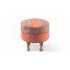Louisville Acacia Wood Parisian Round Set of 2 Pouf Stools in Red Jacquard