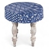 Roswell Sheesham Wood Mid Century Round Stool in Indigo Patchwork Kantha Upholstery