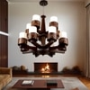Eliante 6-Light Chandelier, Mild Steel, Glass And Wood, Modern Hanging Ceiling Light Fixture