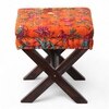 Rosslyn Sheesham Wood Set of 2 Ottoman Pouffees in Bird Print Orange Kantha, Dark Mahogany Finish