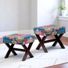 Rosslyn Sheesham Wood Set of 2 Ottoman Pouffees in Fruit Print Blue Kantha, Dark Mahogany Finish