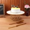 NikkisPride Marble Cake Stand with Gold Finish Metal Base, Plain White Marble Top with Cake Cutlery Set of 3