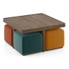 Tetra Square Solid Wood Coffee Table With Seats In Danish Walnut Finish In Multicolour Fabric