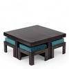 Blane Sheesham Wood Coffee Table With 4 Stools Set In Mahogany Finish & Turquoise Sea Velvet Fabric Cushions