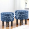 Morgan Acacia Wood Set of 2 Ottoman Pouffees in Indigo Patchwork Kantha, Antique Grey Finish