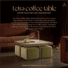 Tetra Square Solid Wood Coffee Table With Seats In Danish Walnut Finish In Olive Colour Fabric