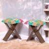 Dayton Sheesham Wood Mid Century Square Set of 2   Stools in Sea Green Fruit Print Kantha Upholstery