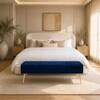 Doe Buck Upholstered Bench in Blue Colour with Channel Stitching and Gold Legs