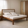 Linea Solid Wood Queen  Size Upholstered Bed Without Storage (Provincial Teak Finish, Grey Colour)