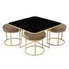Benton Nesting Black Glass Coffee Table Set With 4 Stools In Gold Finish