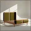 Valerio Duo-Panel Luxe Queen Size Bed in Olive colour Velvet with Oak wood Frame