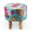 Morgan Acacia Wood Set of 2 Ottoman Pouffees in Sea Green Fruit Print Kantha, Teak Finish