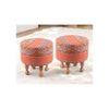 Louisville Acacia Wood Parisian Round Set of 2 Pouf Stools in Red Jacquard