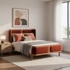 Valerio Duo-Panel Luxe Queen Size Bed in Velvet Rust colour with Oak wood Frame