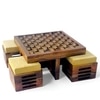 Nirva Sheesham Wood Accent Coffee Table Set With 4 Stools In Teak Finish With Beige Mossy Fabric Cushions