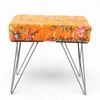 Asansol Sheesham Wood Mid Century Square Set of 2 Stools in Bird Print Orange Kantha Upholstery