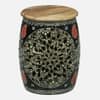 Ethnic Handcrafted Painted Metal Coffee Table with 4 Stools in Multicolour Finish Set of 5