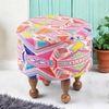 Louisville Acacia Wood Parisian Round Pouffe in Multicolour Jacquard