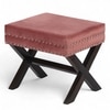 Rosslyn Sheesham Wood Accent Set of 2 Ottoman Pouffees in Coral Pink Velvet, Dark Mahogany Finish