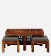 Lifty Sheesham Wood Nesting Coffee Table Set in Provincial Teak Finish With Cushioned Stools