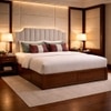 Mooh Solid Wood Queen Size Upholstered Bed With Hydraulic Storage (Provincial Teak Finish, Grey Colour)