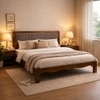 Grid Solid Wood Queen  Size Upholstered Bed Without Storage (Provincial Teak Finish, Brown Colour)