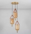 Filo 3 Light Cascade Ceiling Pendant In Brass Finish Metal And Brown Leather With Frosted White Glass Shades