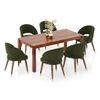 Atlas Solid Wood 6 Seater Dining Table In Honey Finish with 6 Celia Deep Olive Velvet Fabric in Dark Teak Finish