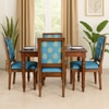 Globally Indian Sheesham Wood Turning Leg 4 Seater Dining Table Set With 4 Solid Wood Upholstered Chairs –  In Blue Color