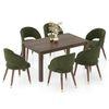 Atlas Solid Wood 6 Seater Compact Dining Table In Danish Walnut Finish with 6 Celia Dining Chair in Deep Olive Velvet Fabric