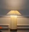 MOULINS Small White Fabric Table Lamp with Brown Wood