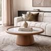 Lazo Solid Wood And Banswara Marble Circular Coffee Table In Amber Walnut Finish