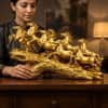 Seven Horse Royal Gallop Horse Sculpture in Gold Colour