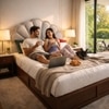 Pankhuri Solid Wood Queen Size Upholstered Bed With Hydraulic Storage (Provincial Teak Finish, Grey Colour)