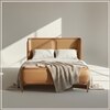 Valerio Duo-Panel Luxe Queen Size Bed in Camel Brown colour Velvet with Oak wood Frame