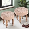 Roswell Sheesham Wood   Round Stool in Beige Sparkle Velvet Upholstery